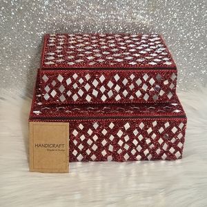 NWT Handcrafted Set of 2 Red Clear Beaded Decorated Nested Boxes